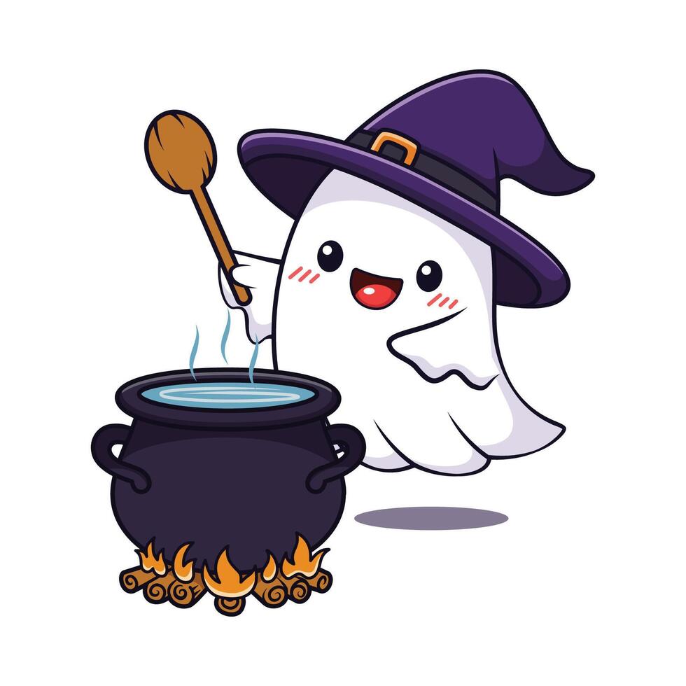 Cute Halloween Ghost Cartoon Character And Witch Pot vector