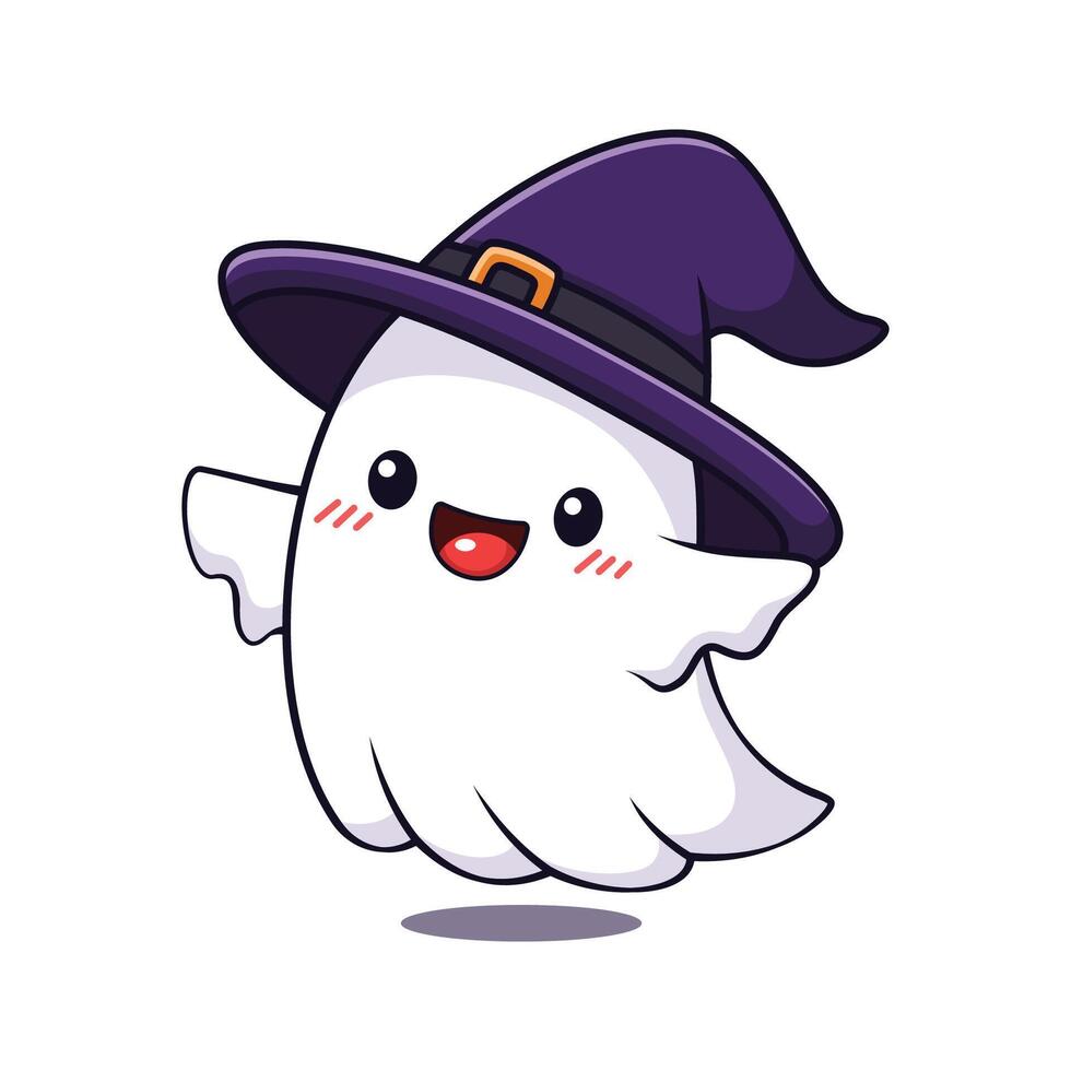 Cute Halloween Ghost Cartoon Character With Witch Hat vector