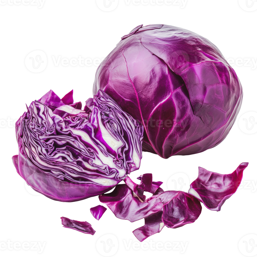 Fresh red cabbage with cut pieces displayed on a clean surface png
