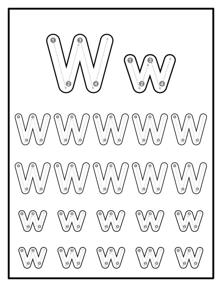 Alphabet Tracing Worksheets for Kids With Uppercase and Lowercase Letter Practice Pages Letter W vector