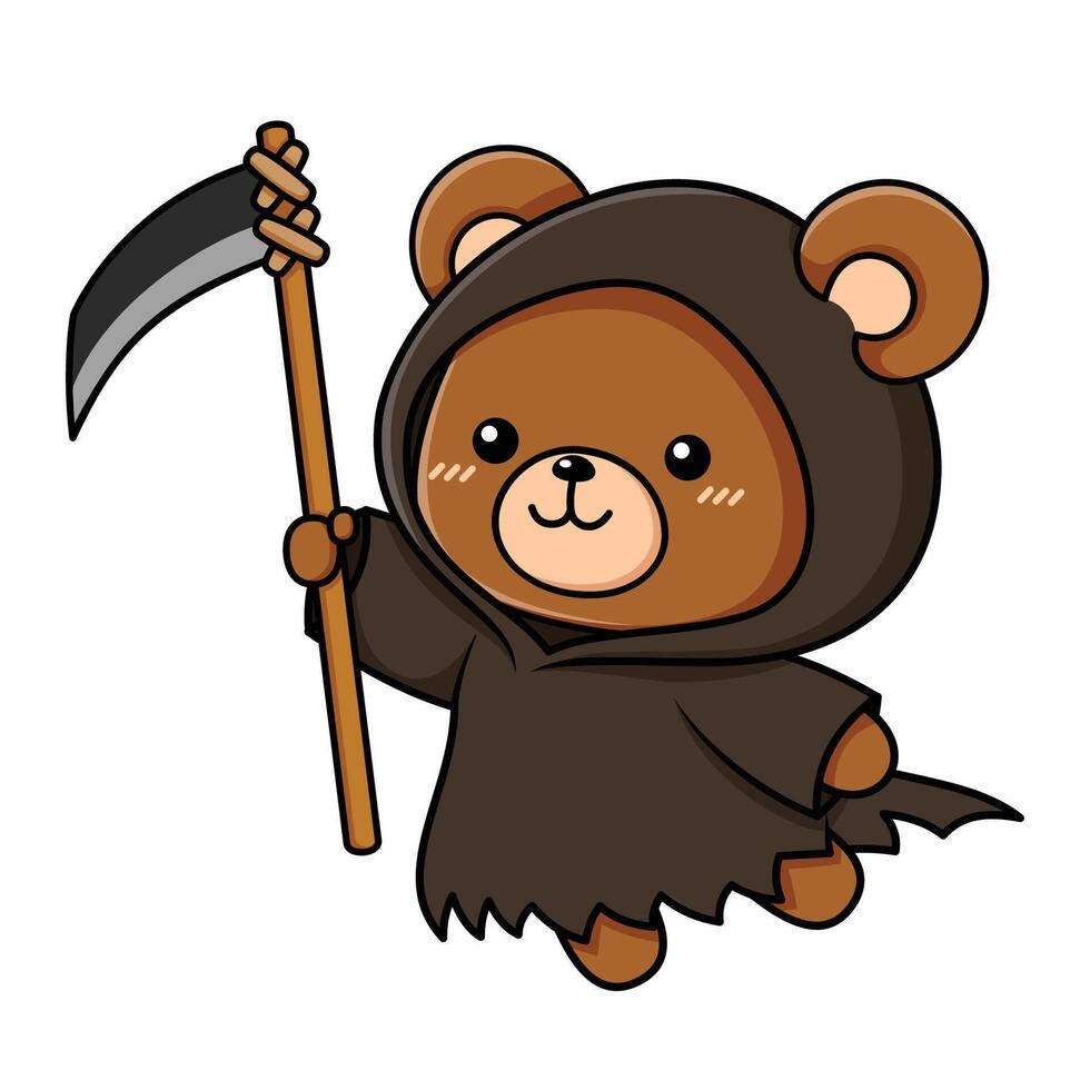 Cute Teddy Bear Grim Reaper Cartoon Character Holding Scythe vector