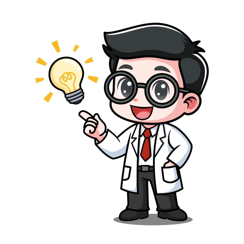 Cute Scientist Cartoon Character Having Idea With Lightbulb vector