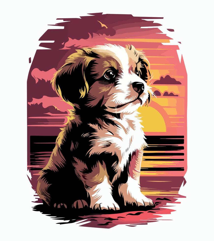 a dog sits in the water with a sunset in the background. vector