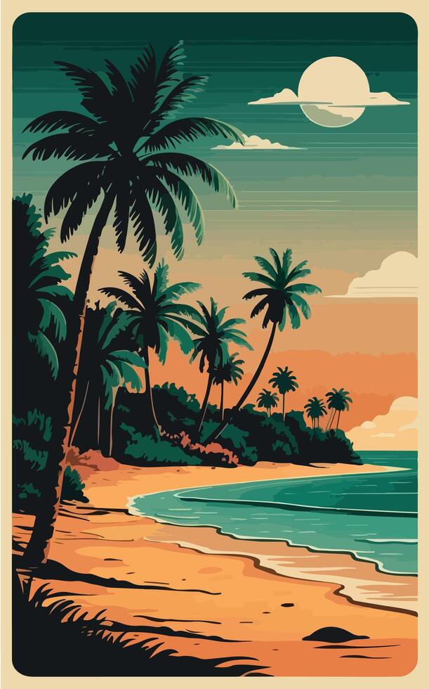 a poster for a beach scene with palm trees and the ocean in the background. vector