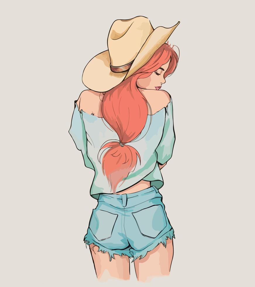 a drawing of a girl with a hat and a shirt that says cowboy vector