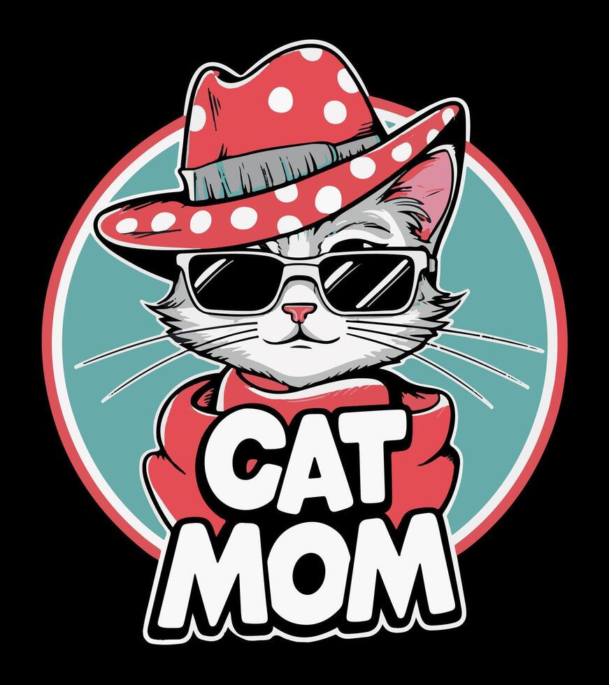 a t-shirt design for a cat with su0nglasses and a red hat that says cat mom. vector