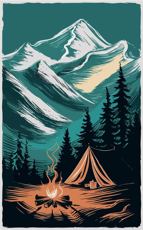 a poster for a tent with a mountain in the background. vector