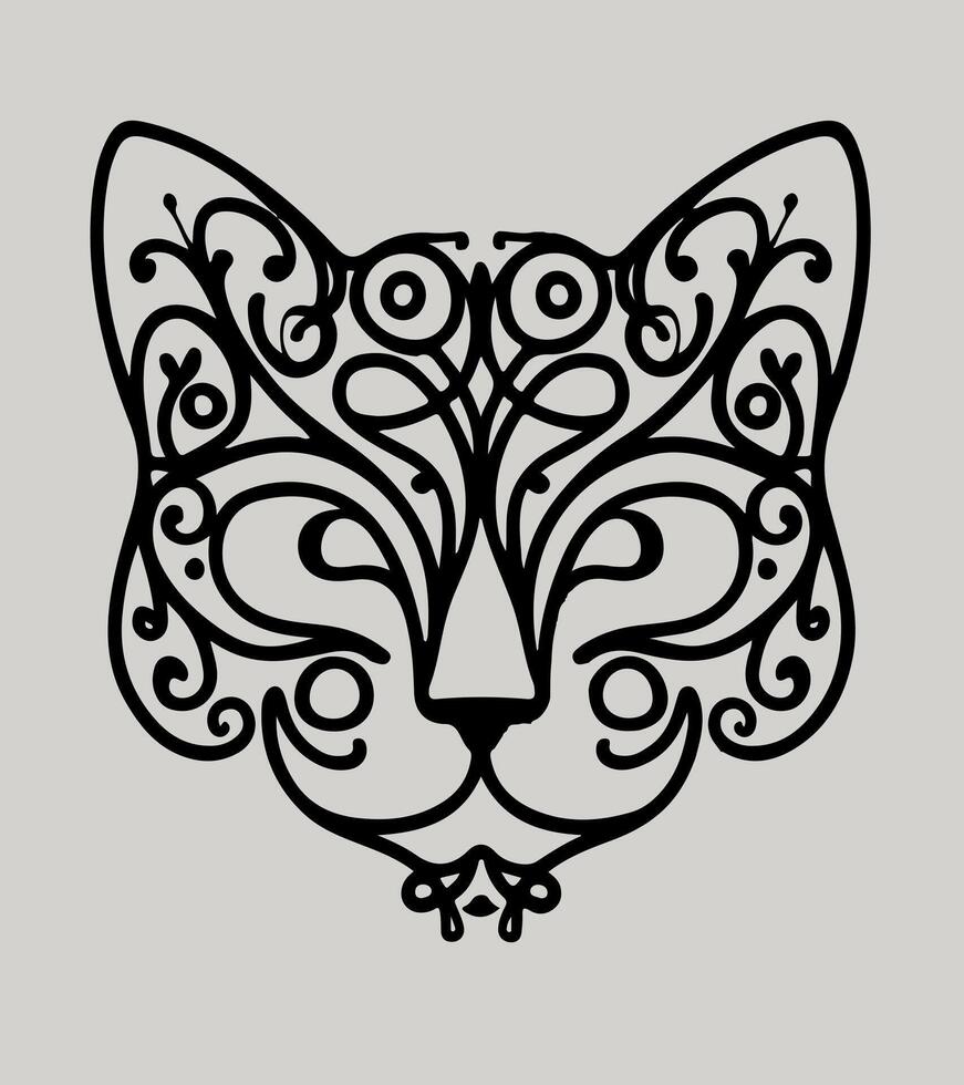 a black and white cat head with a design that says cat. vector