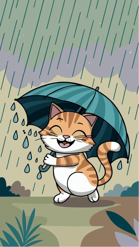 a cartoon cat with an umbrella in the rain. vector