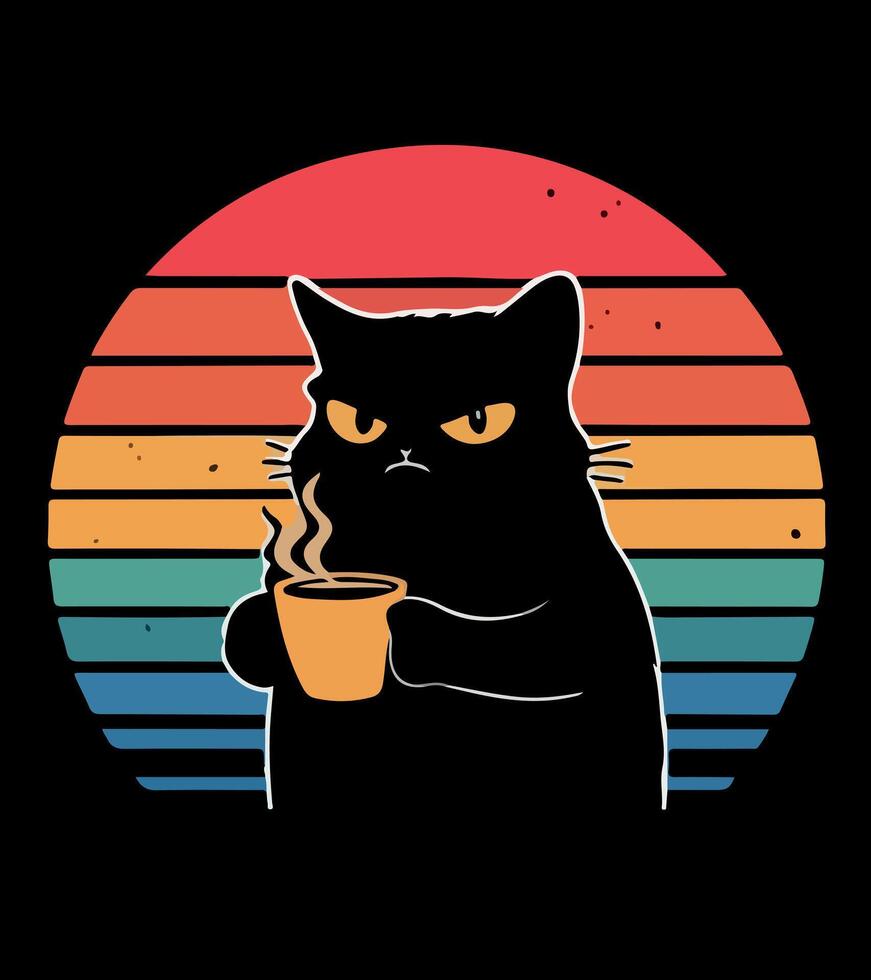 a black cat with a cup of coffee in it vector