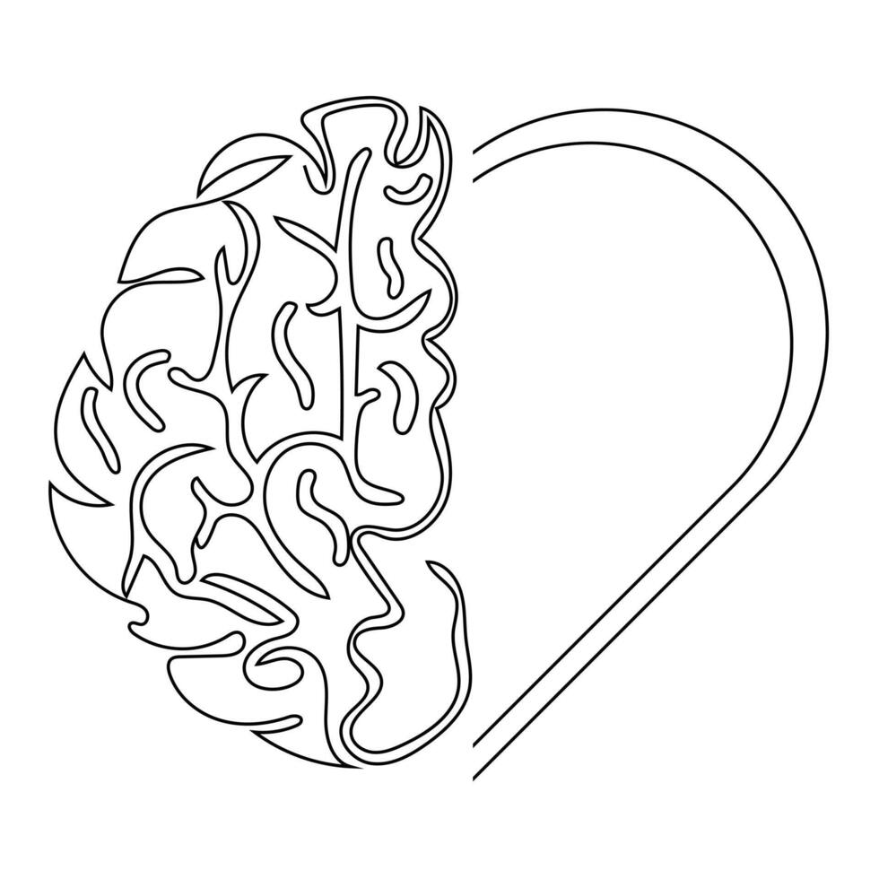 One continuous line drawing of half human brain and love heart shape. vector