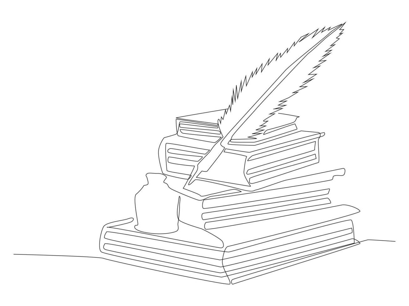 One continuous line drawing of stack books and opened notebook. vector