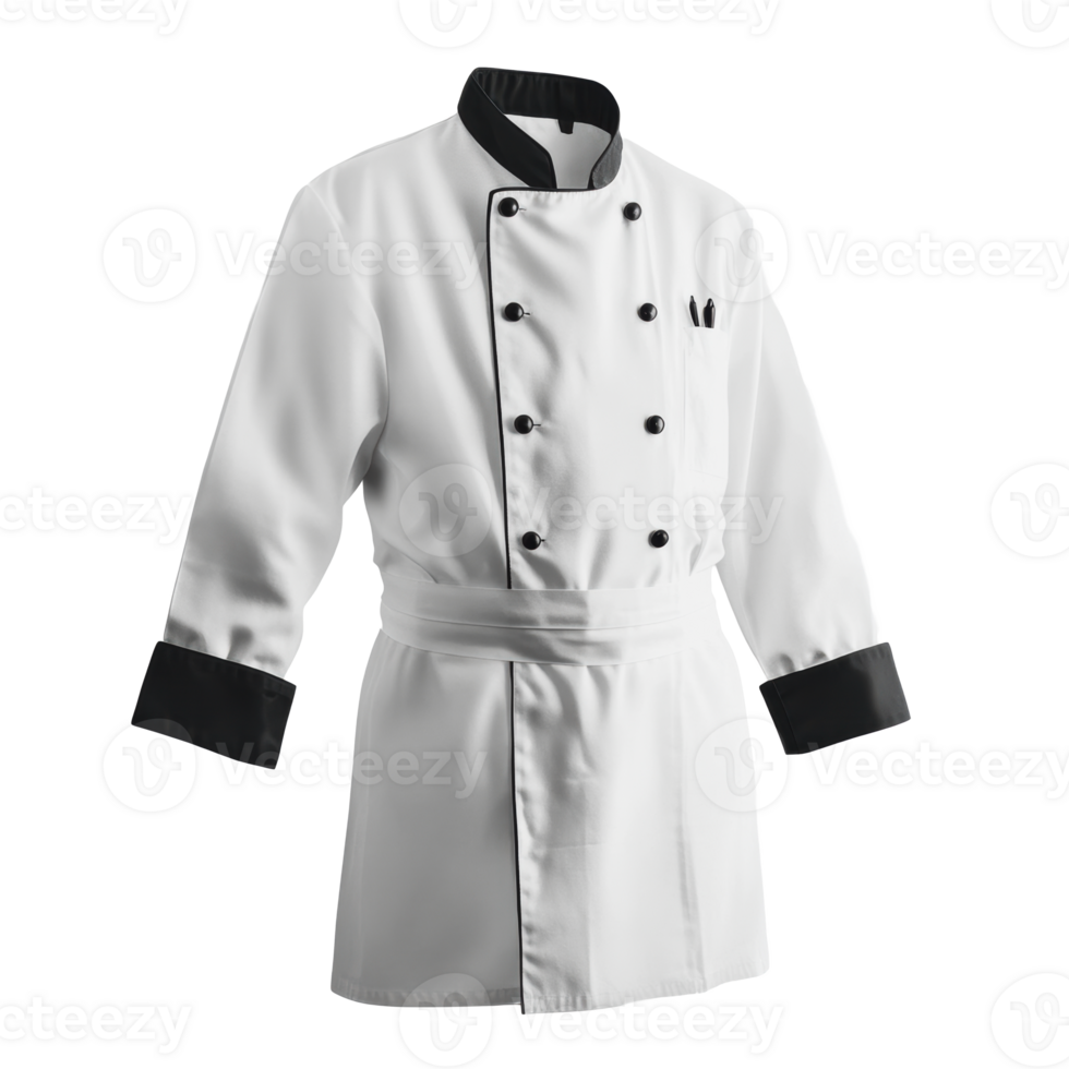 Clean white chef coat with black accents, suitable for kitchen work, showing professional attire for culinary arts png