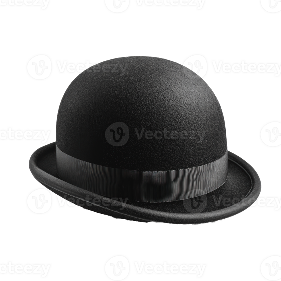 Classic black bowler hat resting on a round surface in an indoor setting png