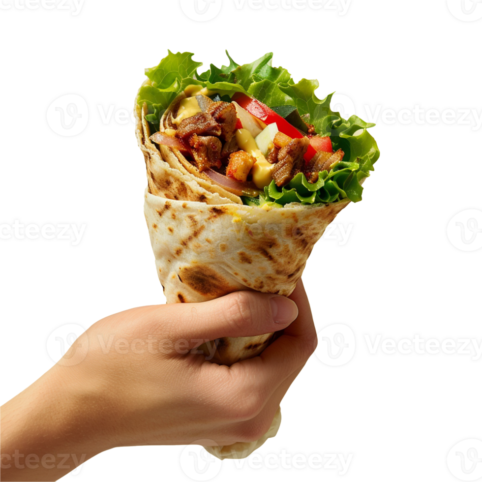A hand holding shawarma isolated on transparent background, realistic Ai image png