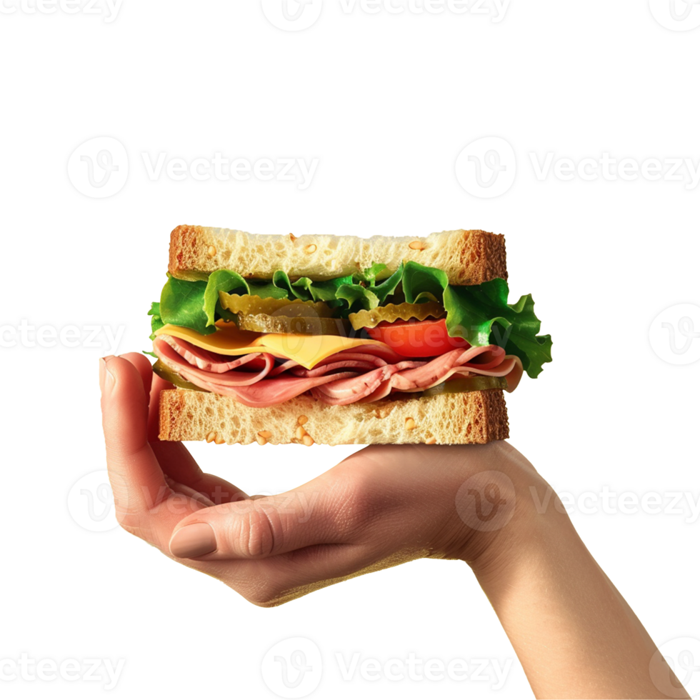 A hand holding sandwich isolated on transparent background, realistic Ai image png