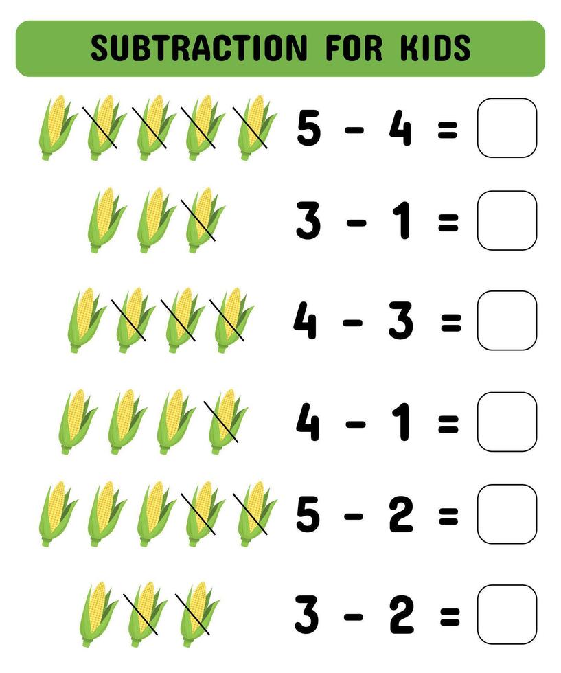 Subtraction game with corn. Educational math game for preschoolers kindergarten. Matching game. vector