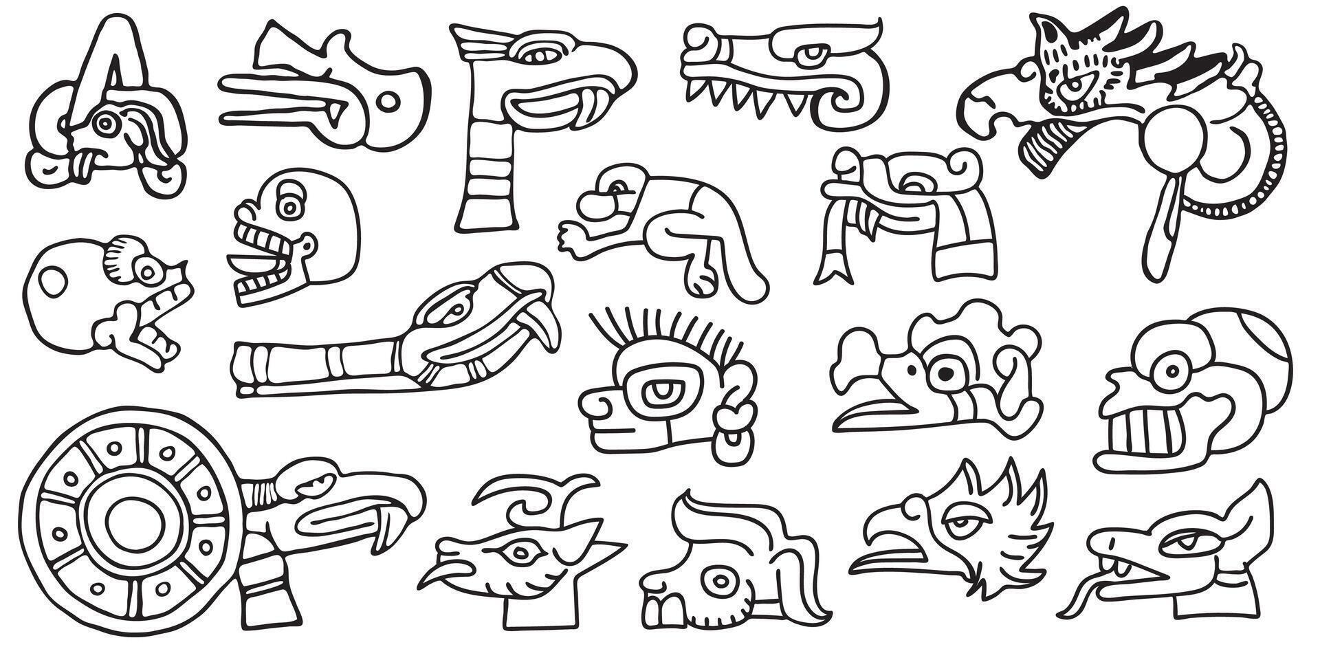 A set of tribal symbols, black and white isolated . American style. Aztec animals style Mexican designs vector