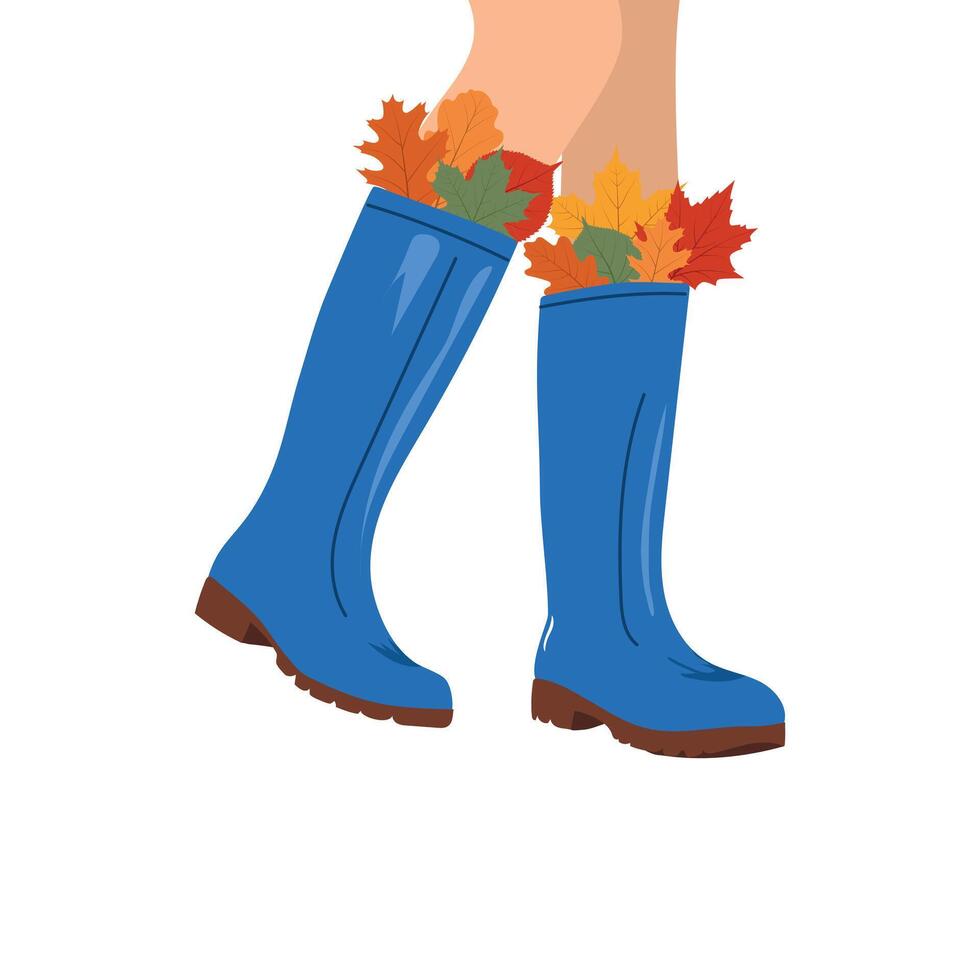 Fallen leaves inside pair rubber boots. vector