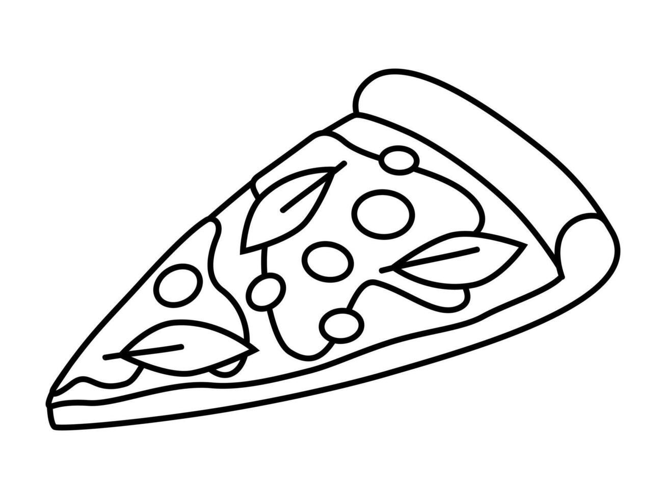 Hand drawn cute outline illustration slice of pizza. Fast food meal. Flat unhealthy dinner line art doodle style. Italian cuisine icon or print. Eating disorder. Junk food overeating. Isolated. vector