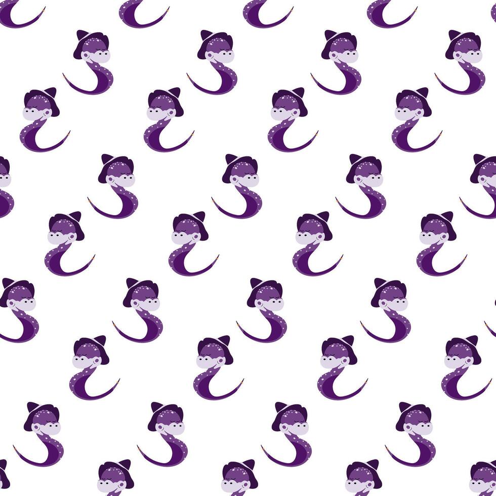 Magic snake in witch hat and gold ring at the end of tail Seamless pattern. Background texture idea Isolated. illustration Wallpaper, wrapping, backdrop or web, promo, banners, cards concept vector