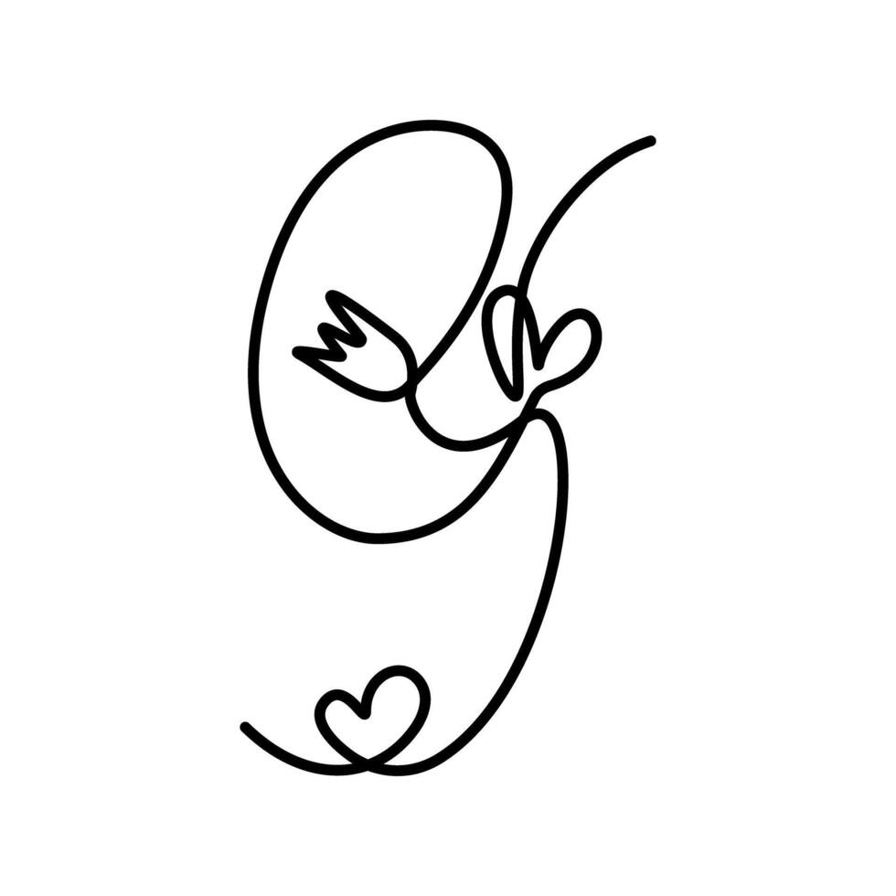 9 Hand drawn number with decorative hearts and tulip in continuous line. Spring inscription Isolated Line Art. Cards lettering, posters, banners, price tag, label or web, promo illustration vector