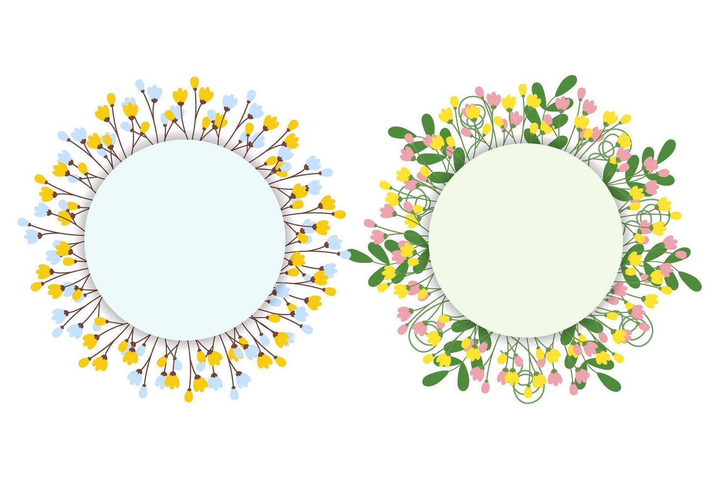 Circle frames with blossom branches and decorative twigs Set of 2 Floral compositions with Copyspase Isolated. Lettering or cards template, posters, greetings, invitation or web illustration vector