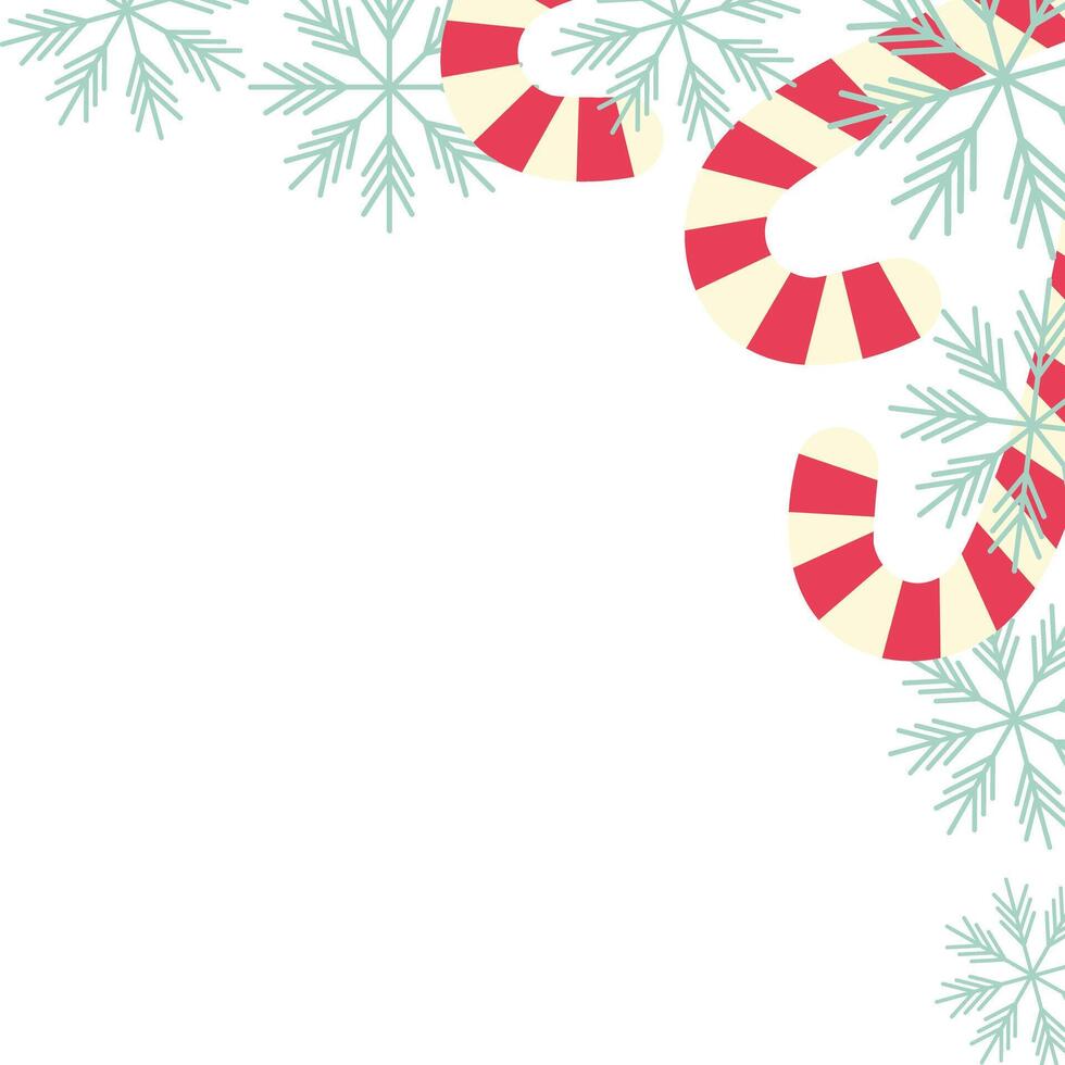 Festive top corner frame with candy canes and snowflakes Isolated Greetings design concept Copy space. Lettering, inscriptions, cards, posters, banners, label or web promo illustration Template vector