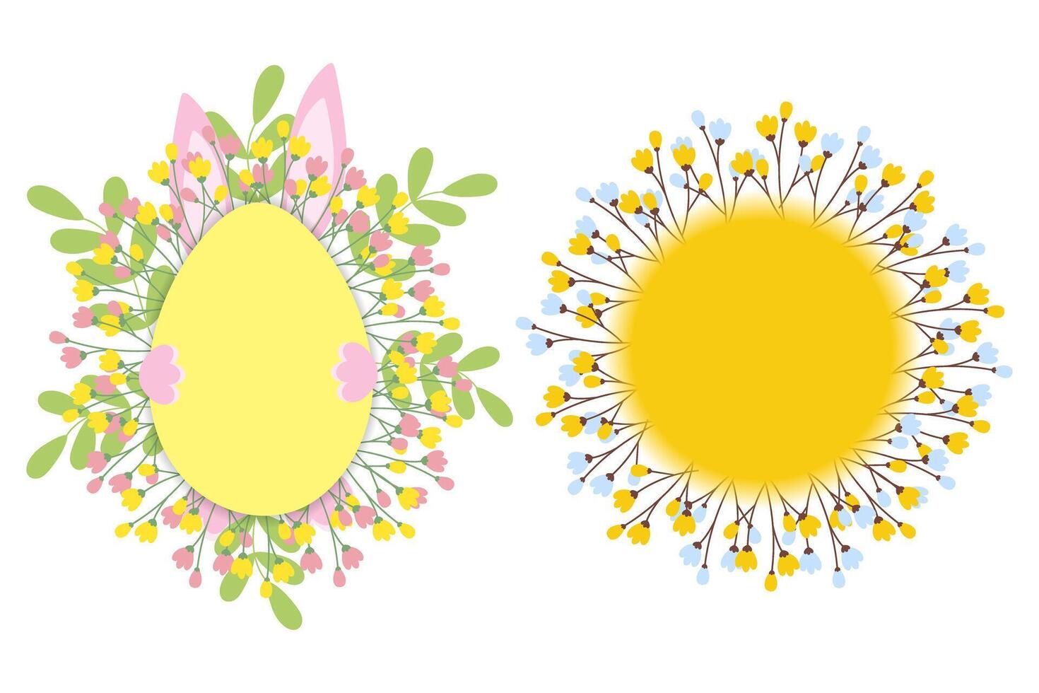 Easter Egg shape and circle spring frames with blossom and bunny ears in twigs Isolated Set of 2. illustration Cards, posters, banners, brochures, leaflets, price tag, label or web design idea vector