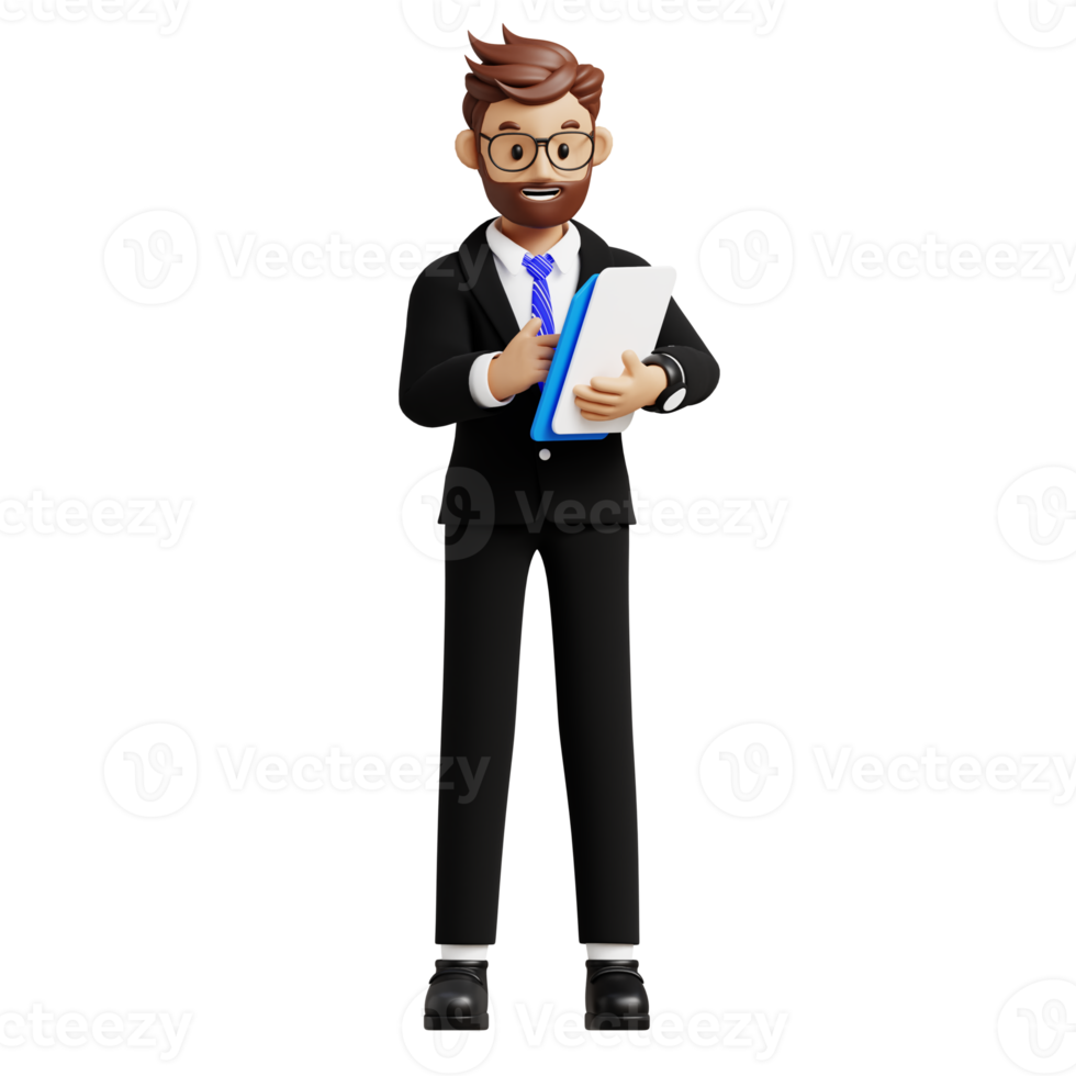 Business man holding a document 3d character illustration for uiux, web, app, infographic, etc png