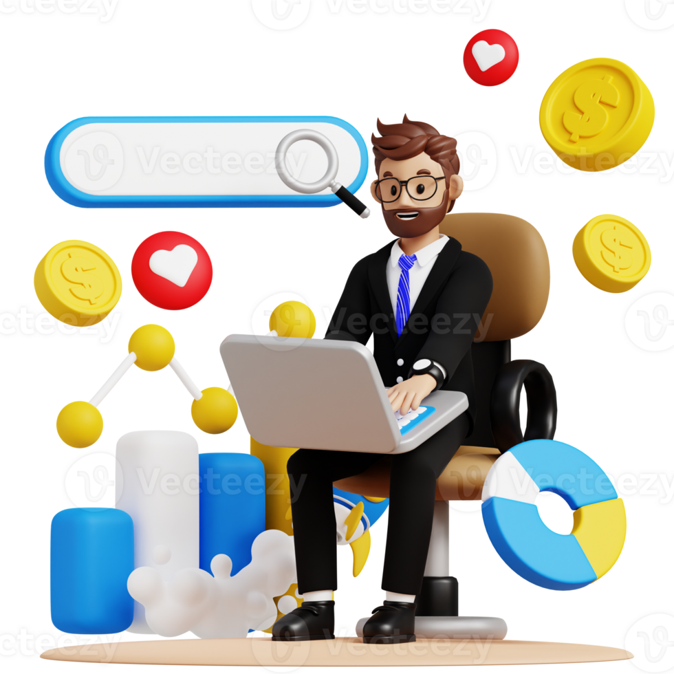 Business man browsing on laptop 3d character illustration for uiux, web, app, infographic, etc png