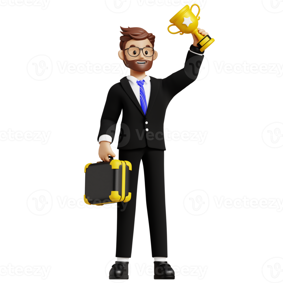 Business man holding a trophy 3d character illustration for uiux, web, app, infographic, etc png