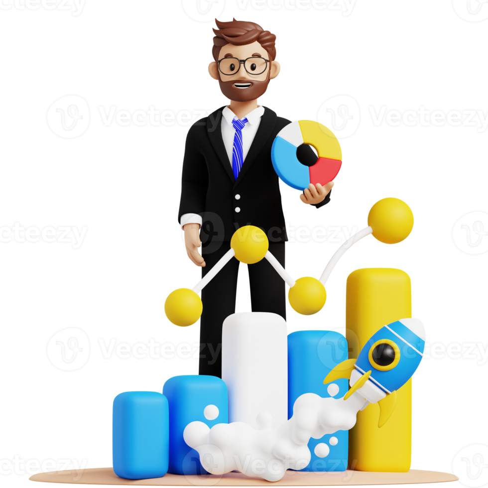 Business man success startup 3d character illustration for uiux, web, app, infographic, etc png