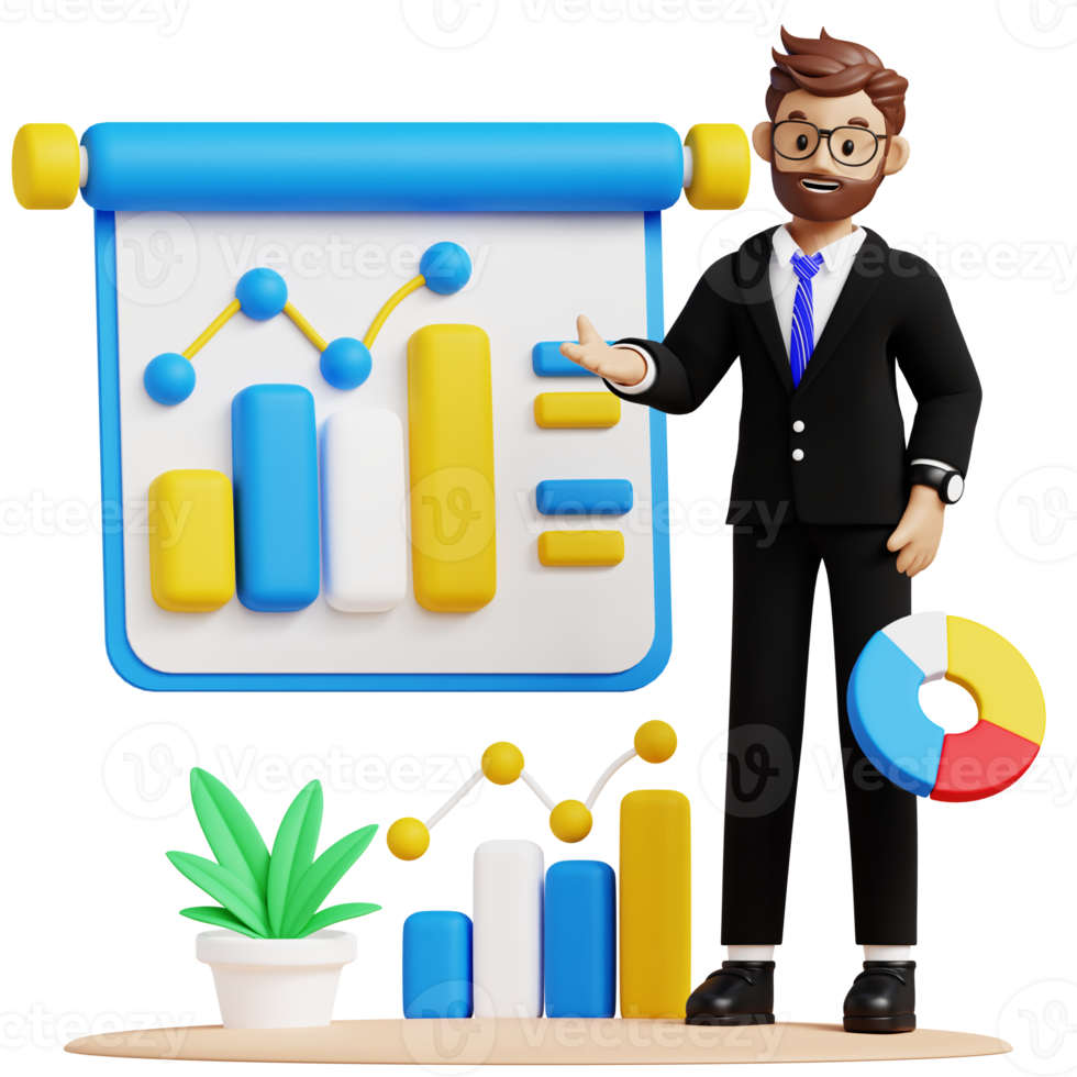Business man present data analysis 3d character illustration for uiux, web, app, infographic, etc png
