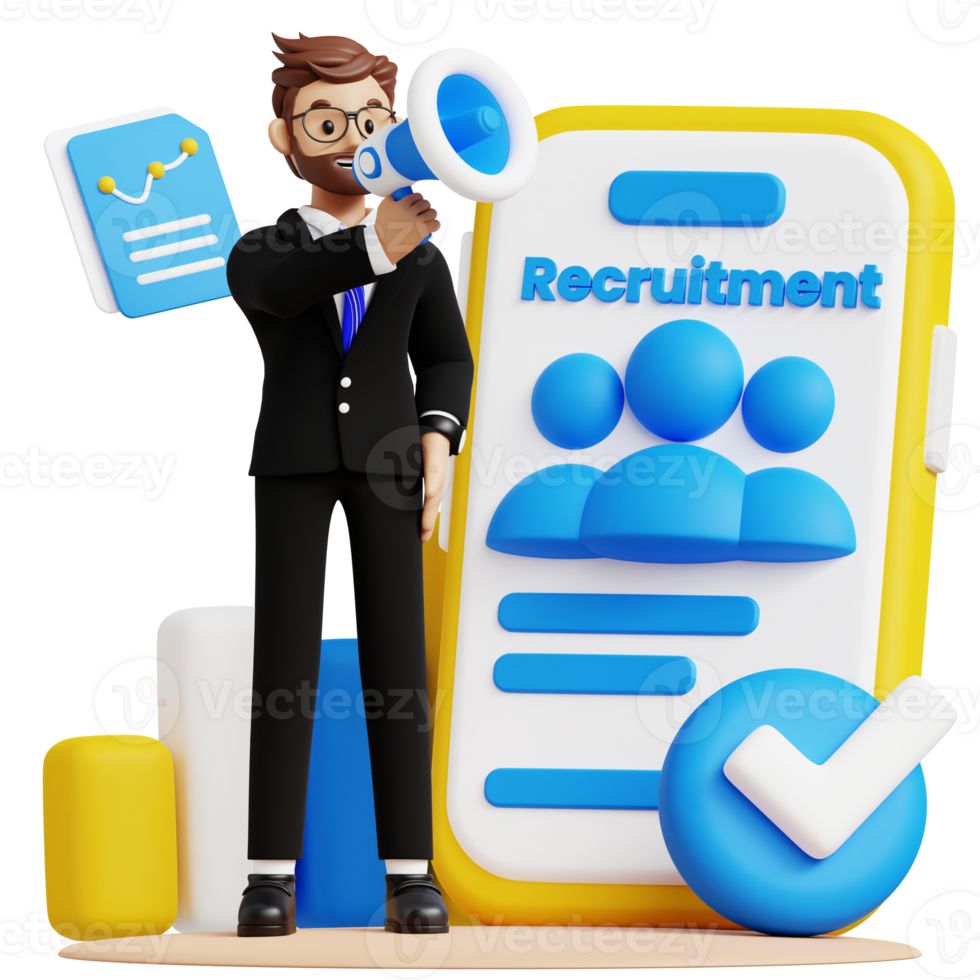 Businessman with megaphone recruitment 3d character illustration for uiux, web, app, infographic, etc png