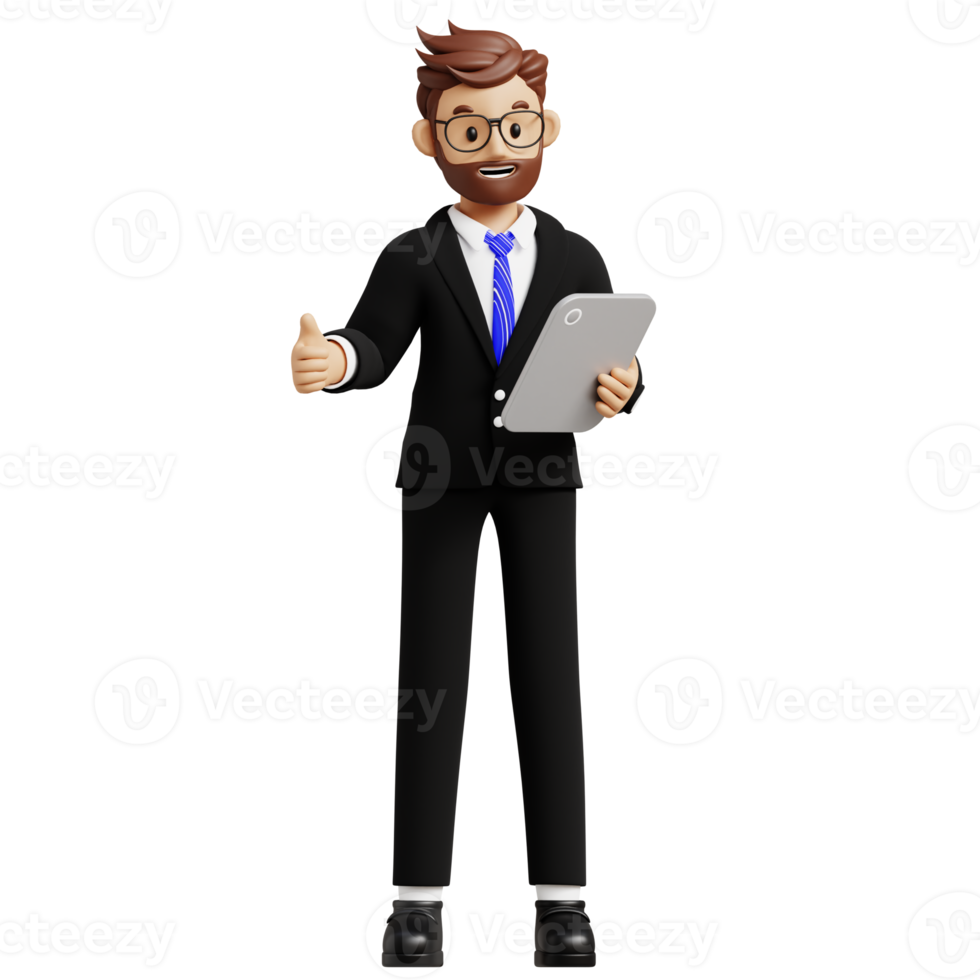 Business man using a Tablet 3d character illustration for uiux, web, app, infographic, etc png
