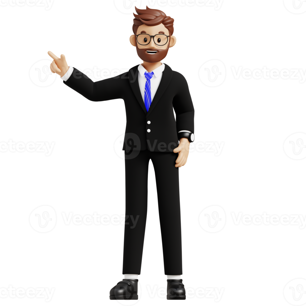 Business man pointing finger 3d character illustration for uiux, web, app, infographic, etc png