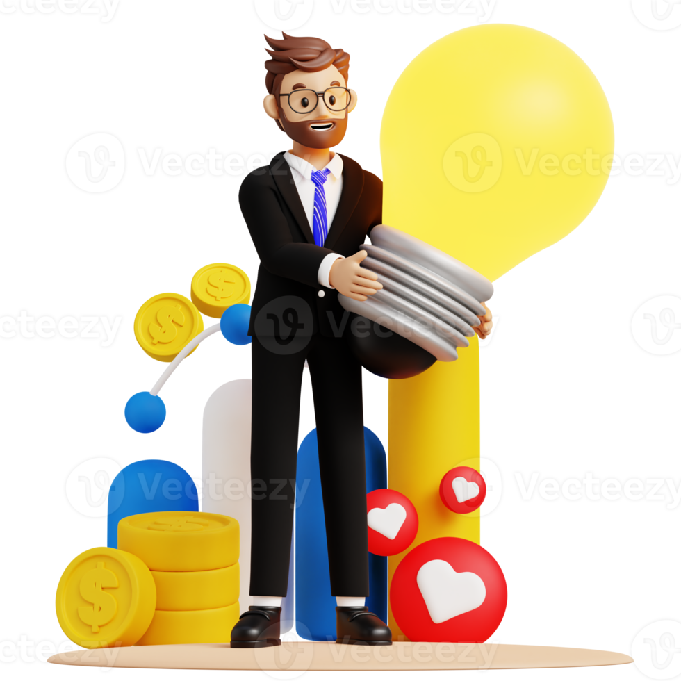 Business man holding lamp ideas 3d character illustration for uiux, web, app, infographic, etc png