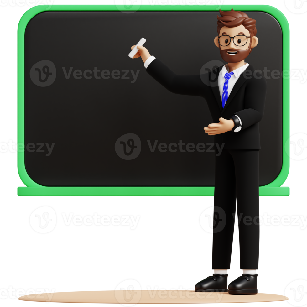Business man writing on a whiteboard 3d character illustration for uiux, web, app, infographic, etc png