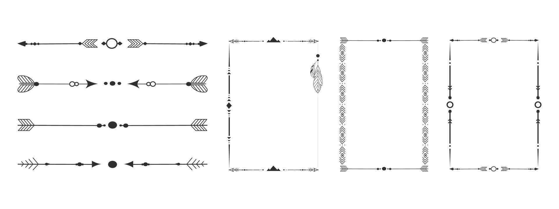 Frame set with tribal native indian arrow, ornament. Border thin line divider decoration with feather, simple motif on white background vector