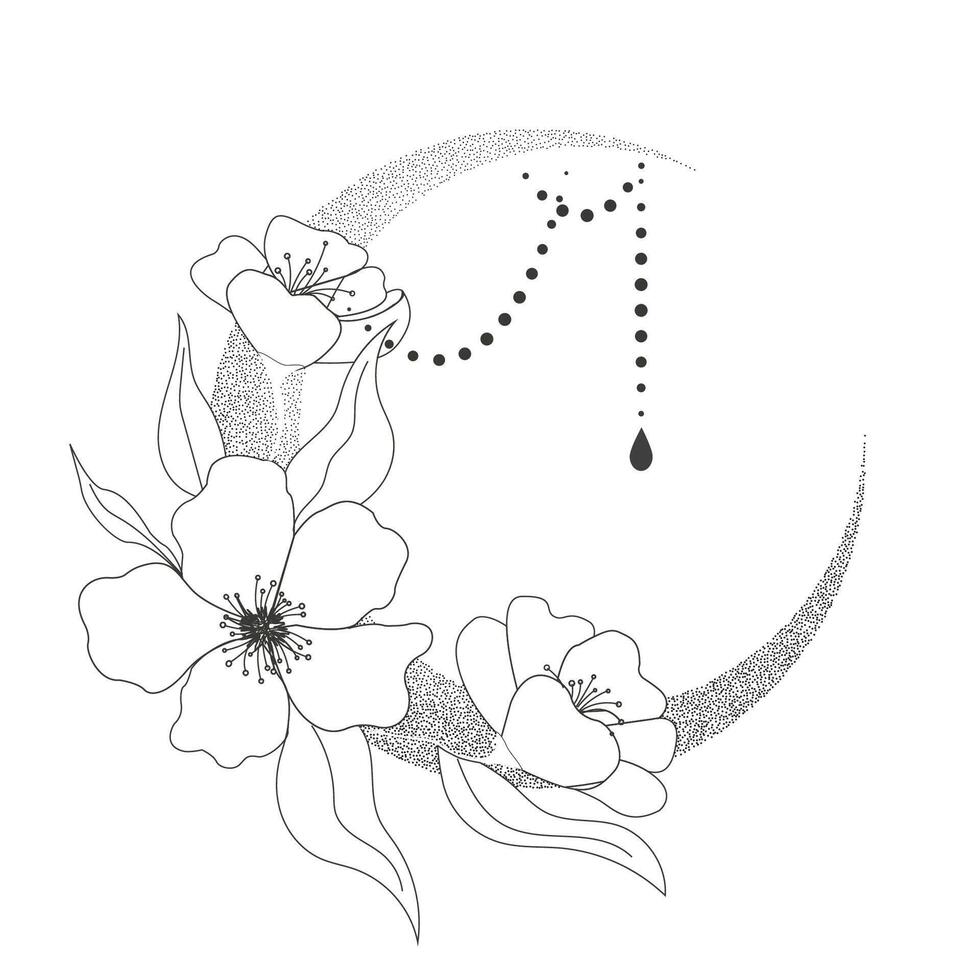 Elegant thin line moon flower contour tattoo, grain texture pointillism floral spiritual mystic element, Esoteric boho magic illustration, Line, leaves and dots decoration vector