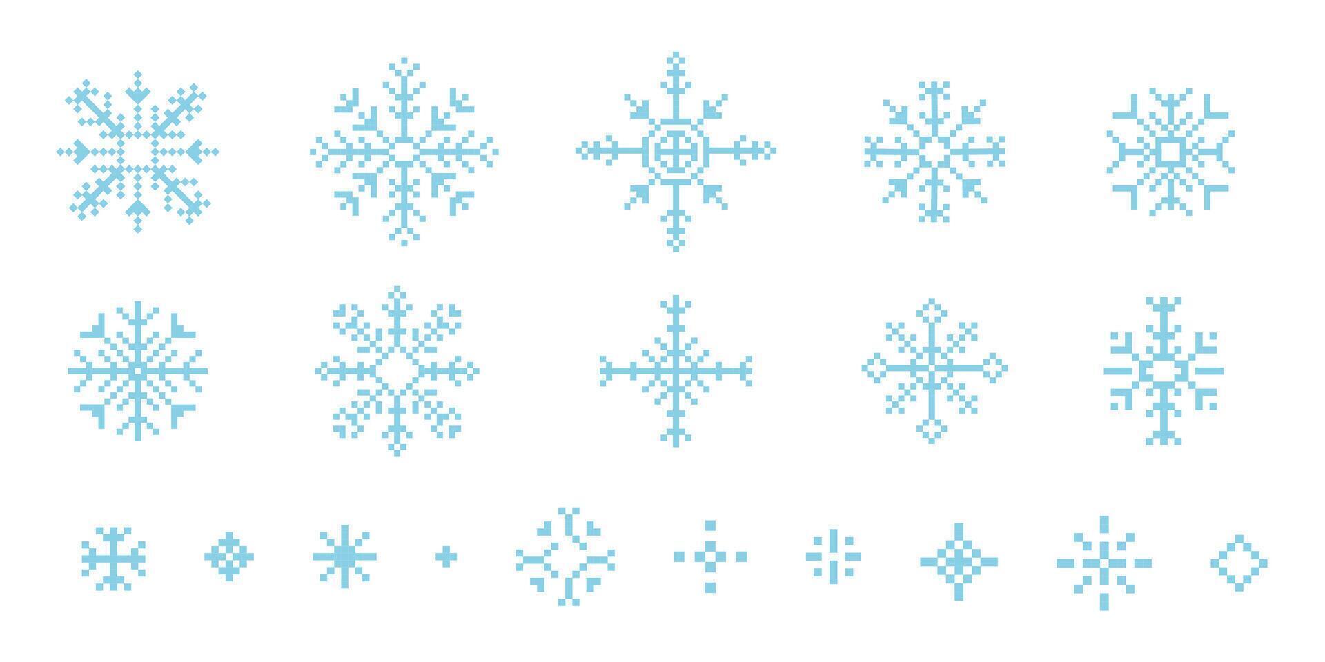 Pixel snowflake winter retro pixilated 8 bit game stamp. Holiday flake ornament. Simple crystal ornament. vector