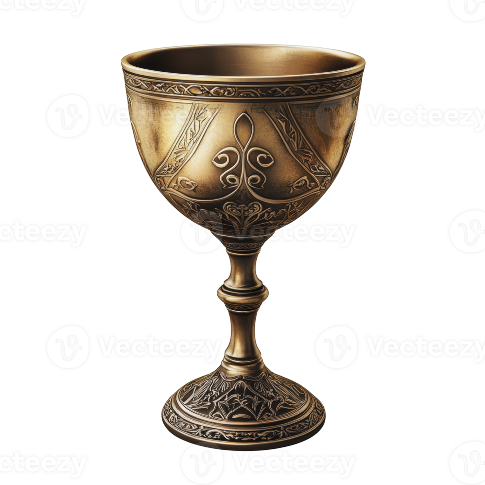 Ornate bronze chalice displayed on a simple surface with intricate designs and a sturdy base, showcasing craftsmanship and artistry png