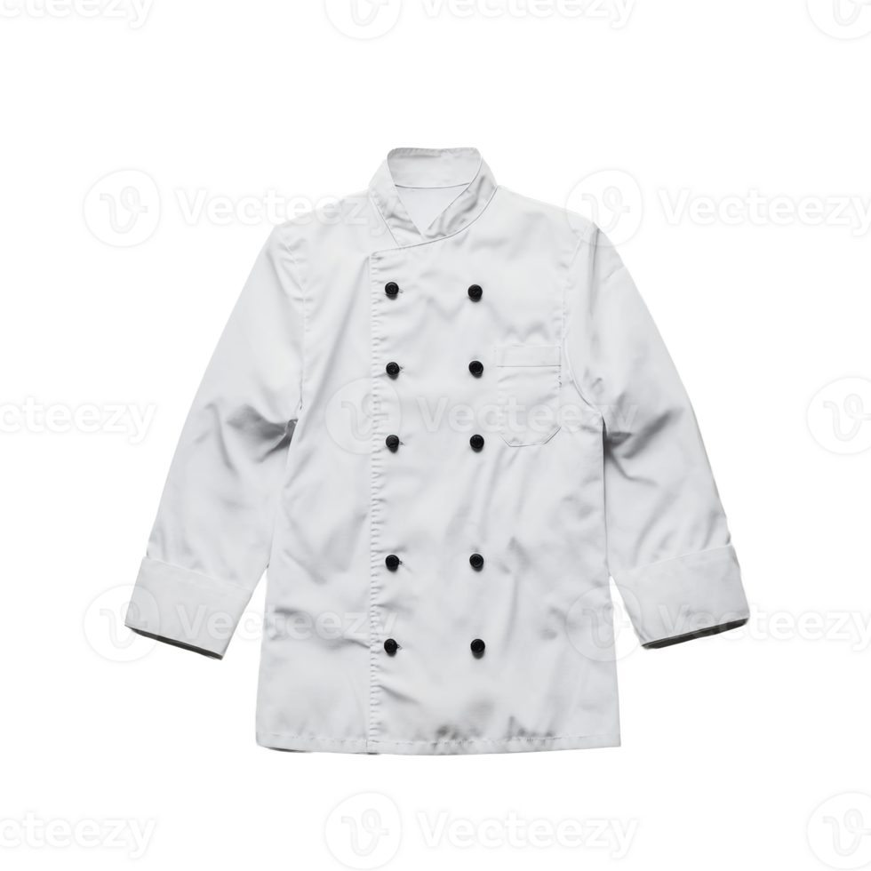 Chef's white coat hanging on a plain background, showcasing the classic double-breasted style with black buttons png