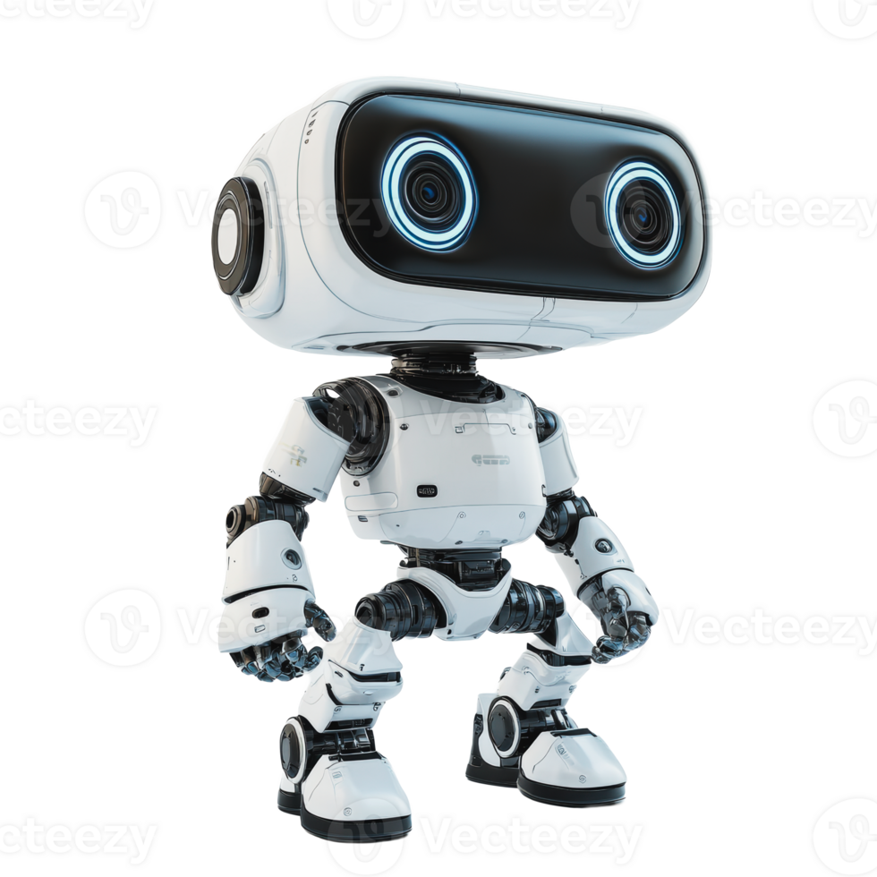 A futuristic robot with expressive eyes standing in a bright, minimalistic environment, ready for interaction png