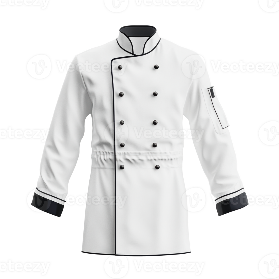 Chef uniform displayed on a mannequin, showcasing a classic white design with black accents and buttons, ideal for culinary professionals png