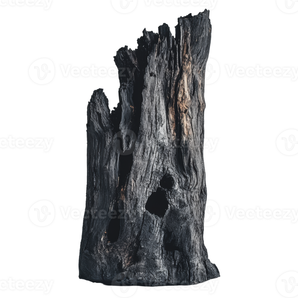 Unique black wood stump displayed against a plain background, showcasing its rough texture and natural hollow formations png