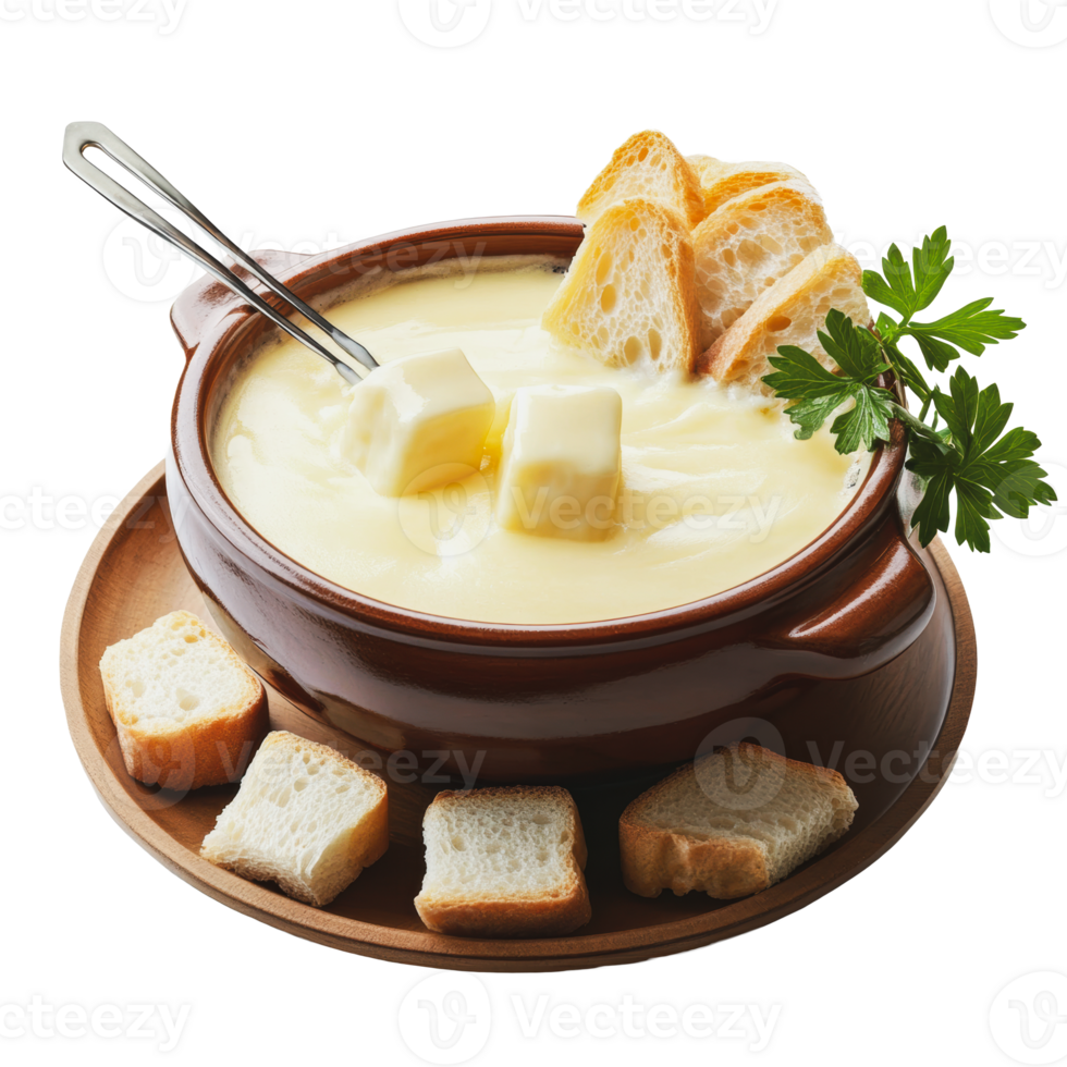Cheese fondue served with bread and garnished with parsley on a wooden platter png