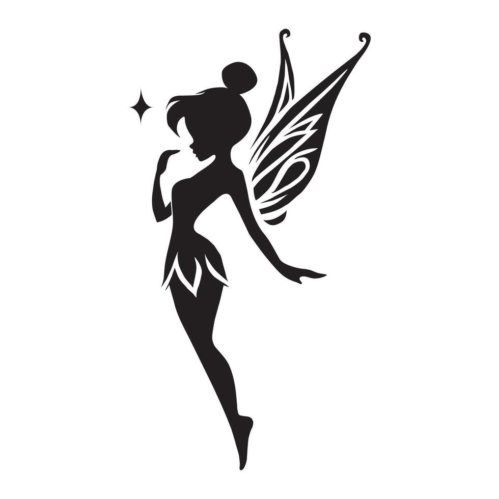 Silhouette of a fairy with ornate wings, interacting with a butterfly vector