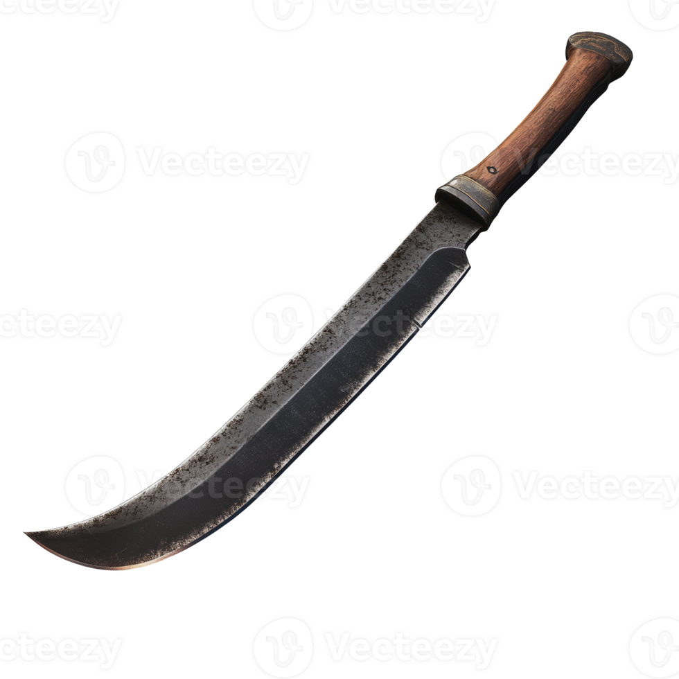 Curved machete with wooden handle displayed on a neutral background png